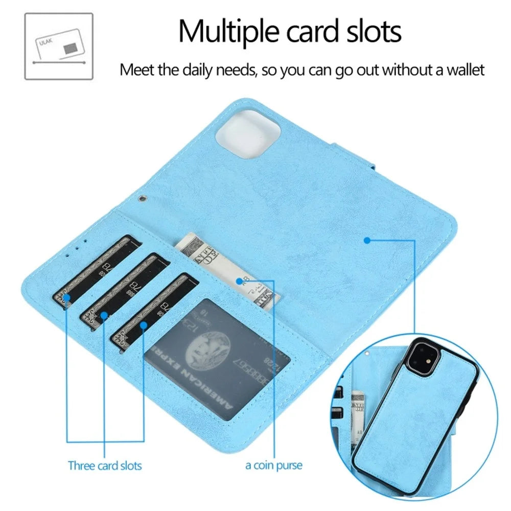 For iPhone 11 Wallet Case Retro Matte Magnetic Detachable PU Leather TPU Phone Cover - Sky Blue - 3