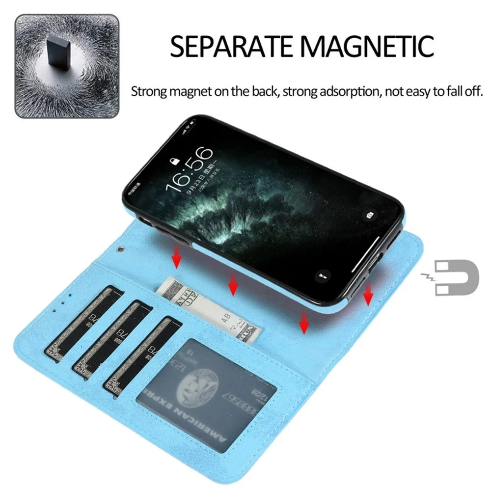 For iPhone 11 Wallet Case Retro Matte Magnetic Detachable PU Leather TPU Phone Cover - Sky Blue - 4