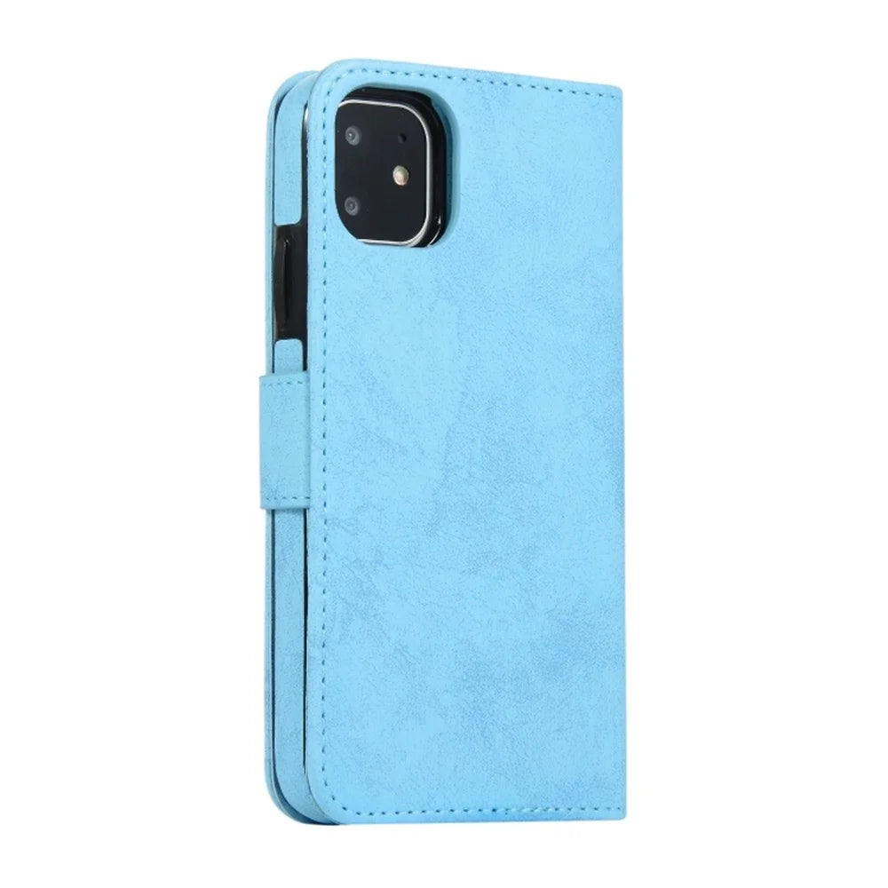 For iPhone 11 Wallet Case Retro Matte Magnetic Detachable PU Leather TPU Phone Cover - Sky Blue - 7