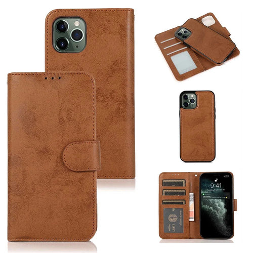 For iPhone 11 Pro Max Wallet Case Retro Matte Magnetic Detachable PU Leather TPU Phone Cover - Brown - 1