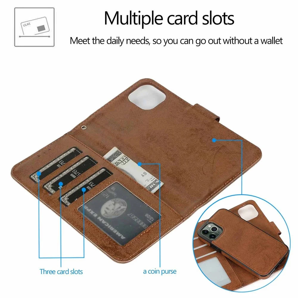 For iPhone 11 Pro Max Wallet Case Retro Matte Magnetic Detachable PU Leather TPU Phone Cover - Brown - 2