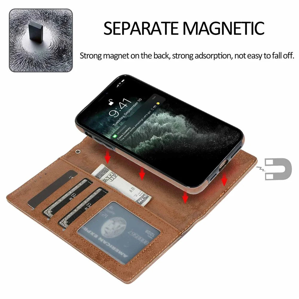 For iPhone 11 Pro Max Wallet Case Retro Matte Magnetic Detachable PU Leather TPU Phone Cover - Brown - 3