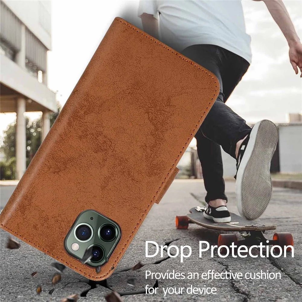 For iPhone 11 Pro Max Wallet Case Retro Matte Magnetic Detachable PU Leather TPU Phone Cover - Brown - 5