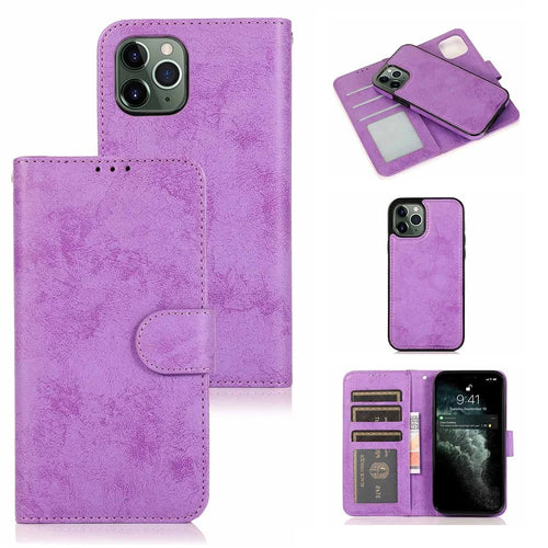 For iPhone 12  /  12 Pro Wallet Case Retro Matte Magnetic Detachable PU Leather TPU Phone Cover - Purple - 1