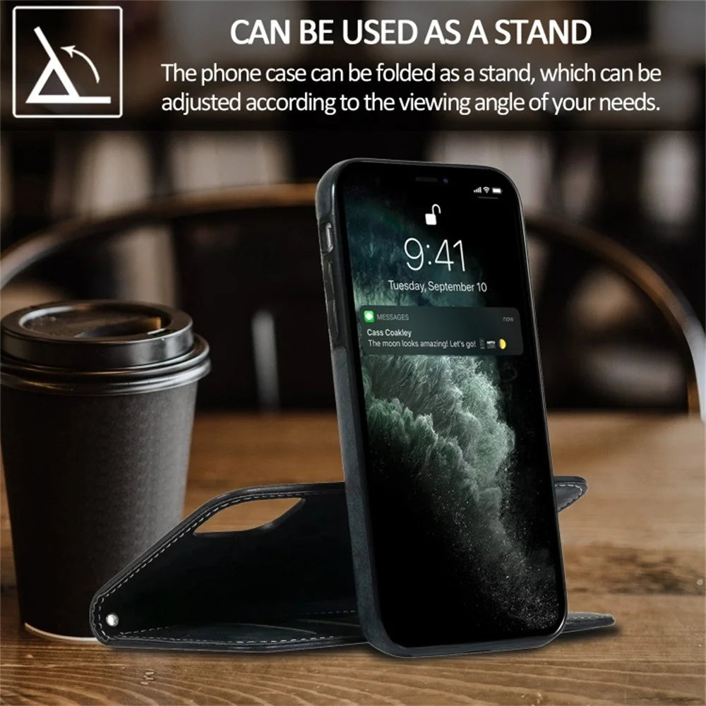 For iPhone 13 Wallet Case Retro Matte Magnetic Detachable PU Leather TPU Phone Cover - Black - 5