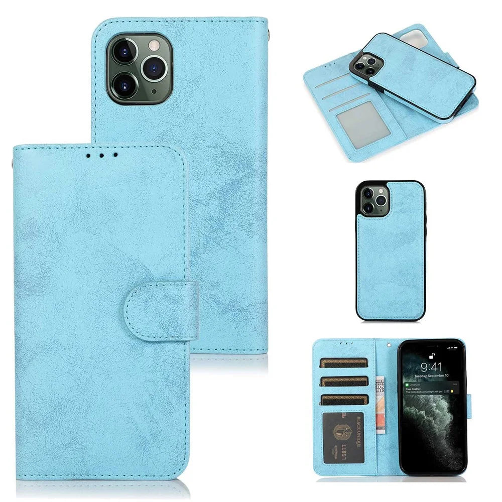For iPhone 13 Pro Wallet Case Retro Matte Magnetic Detachable PU Leather TPU Phone Cover - Sky Blue - 1