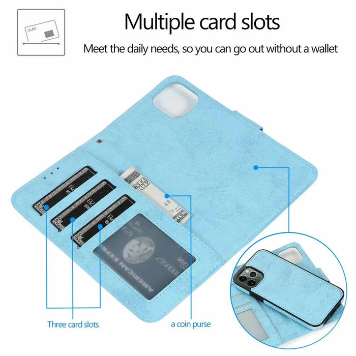 For iPhone 13 Pro Wallet Case Retro Matte Magnetic Detachable PU Leather TPU Phone Cover - Sky Blue - 3
