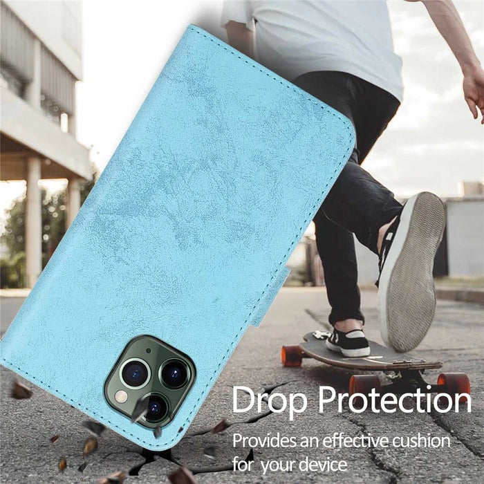 For iPhone 13 Pro Wallet Case Retro Matte Magnetic Detachable PU Leather TPU Phone Cover - Sky Blue - 4
