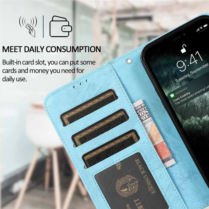For iPhone 13 Pro Wallet Case Retro Matte Magnetic Detachable PU Leather TPU Phone Cover - Sky Blue - 5
