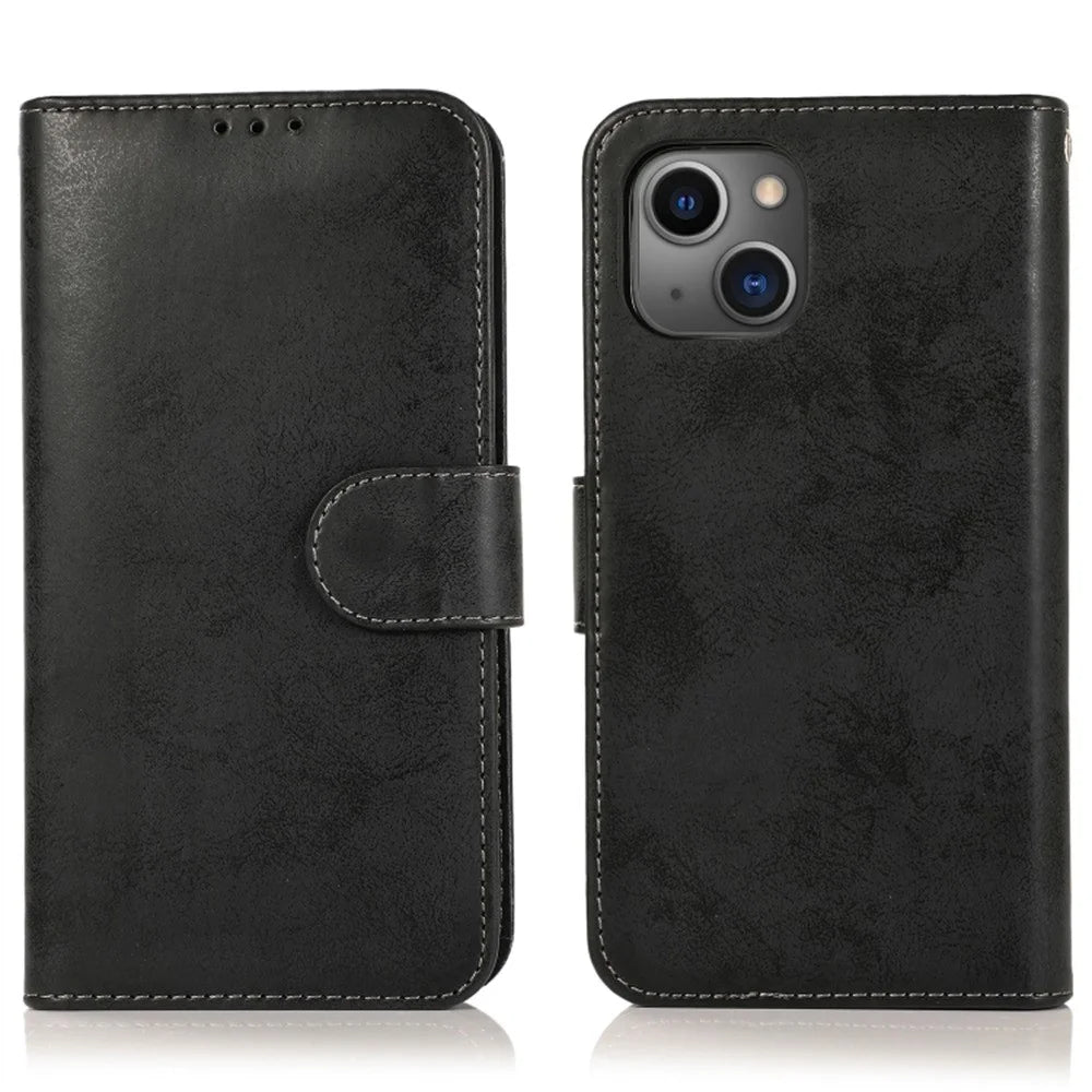 For iPhone 15 Wallet Case Retro Matte Magnetic Detachable PU Leather TPU Phone Cover - Black - 1