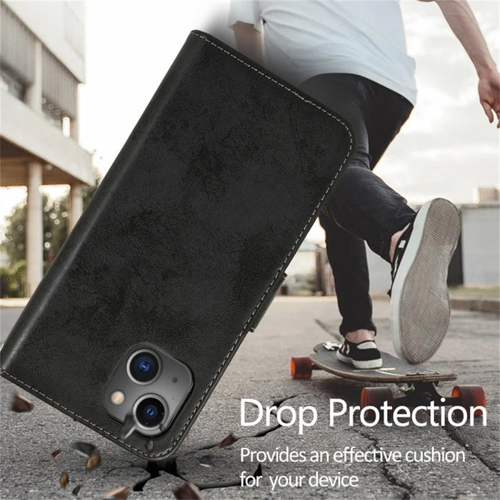 For iPhone 15 Wallet Case Retro Matte Magnetic Detachable PU Leather TPU Phone Cover - Black - 6