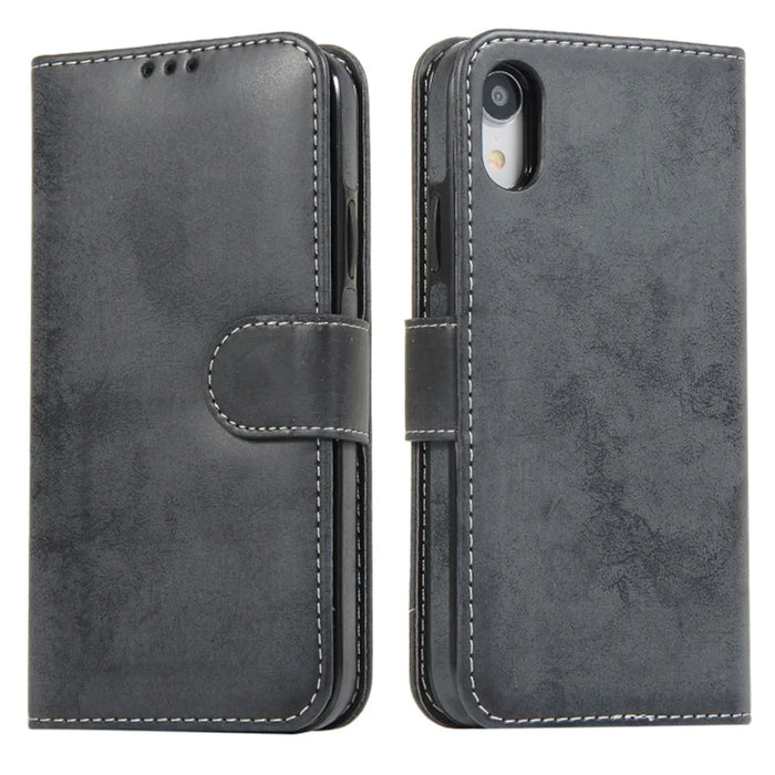 For iPhone XR Wallet Case Retro Matte Magnetic Detachable PU Leather TPU Phone Cover - Black - 1