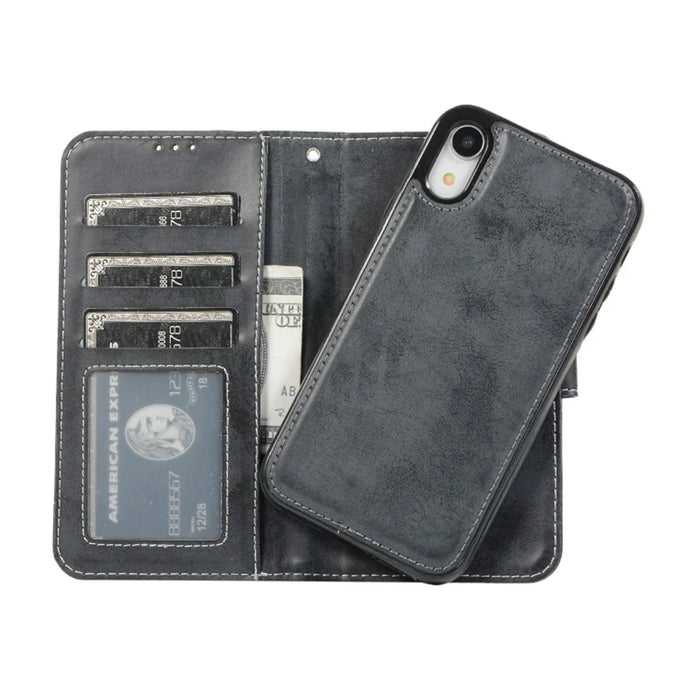 For iPhone XR Wallet Case Retro Matte Magnetic Detachable PU Leather TPU Phone Cover - Black - 2