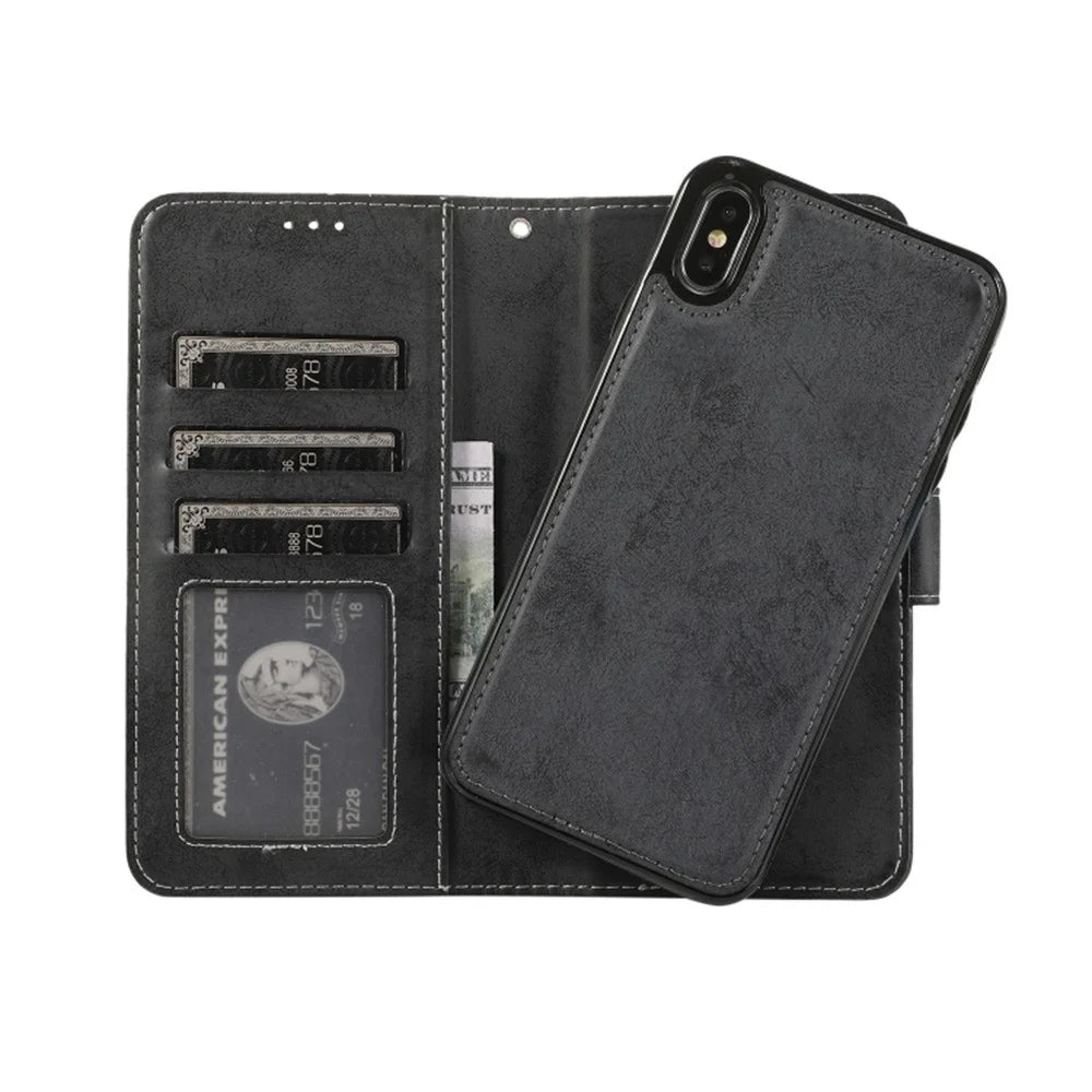 For iPhone XS Max Wallet Case Retro Matte Magnetic Detachable PU Leather TPU Phone Cover - Black - 2