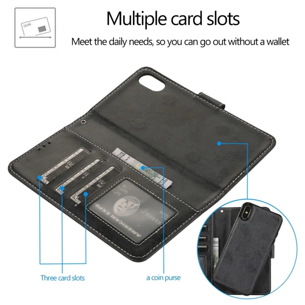 For iPhone XS Max Wallet Case Retro Matte Magnetic Detachable PU Leather TPU Phone Cover - Black - 3