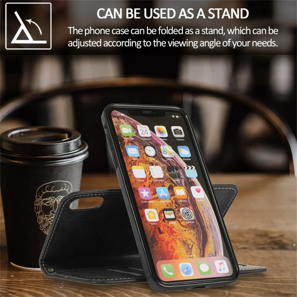 For iPhone XS Max Wallet Case Retro Matte Magnetic Detachable PU Leather TPU Phone Cover - Black - 5
