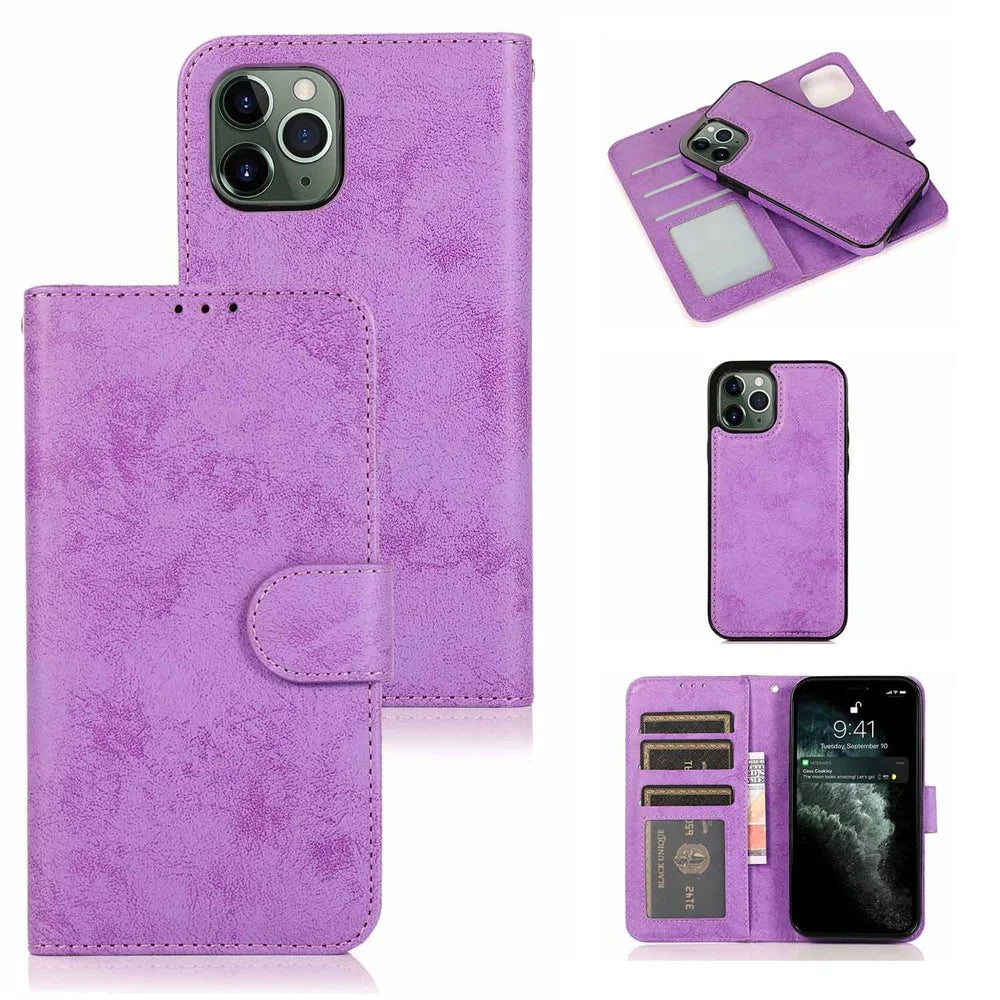 For iPhone 16 Pro Wallet Case Retro Matte Magnetic Detachable PU Leather TPU Phone Cover - Purple - 1