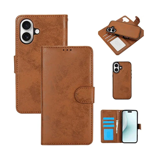 For iPhone 16 Wallet Case Retro Matte Magnetic Detachable PU Leather TPU Phone Cover - Brown - 1