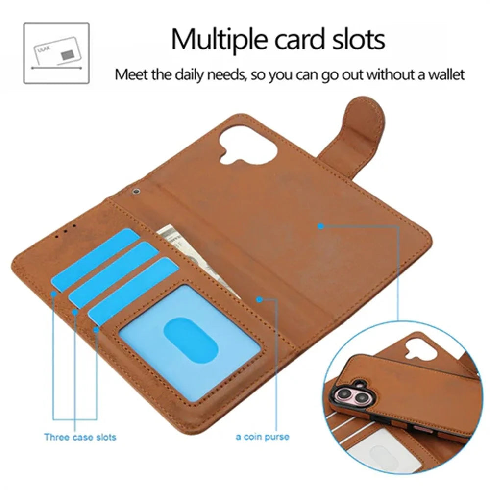 For iPhone 16 Wallet Case Retro Matte Magnetic Detachable PU Leather TPU Phone Cover - Brown - 2