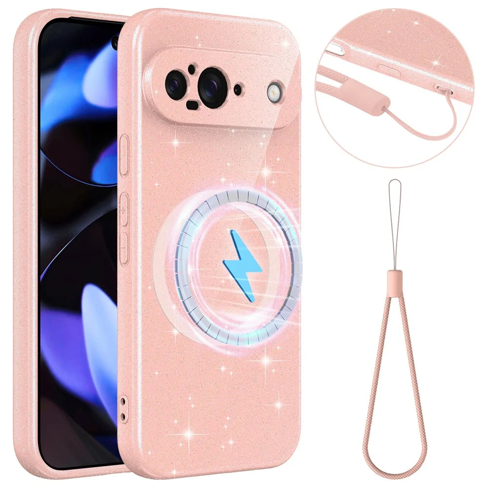 For Google Pixel 9 Magnetic Case Glitter TPU Shockproof Phone Cover with Lanyard - Pink - 1