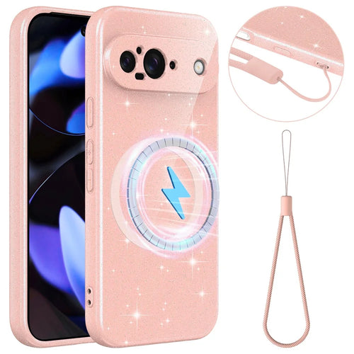For Google Pixel 9 Magnetic Case Glitter TPU Shockproof Phone Cover with Lanyard - Pink - 1