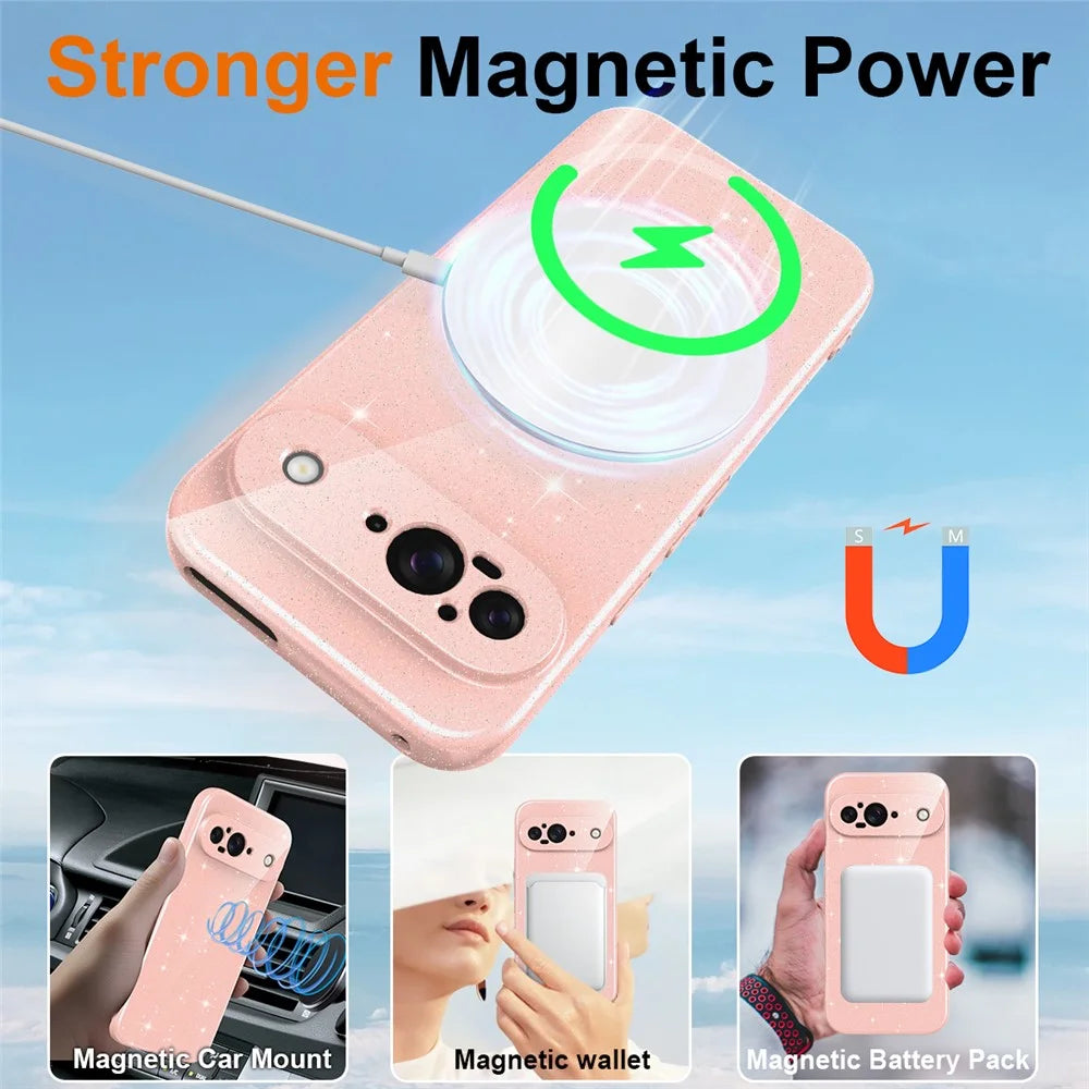 For Google Pixel 9 Magnetic Case Glitter TPU Shockproof Phone Cover with Lanyard - Pink - 2