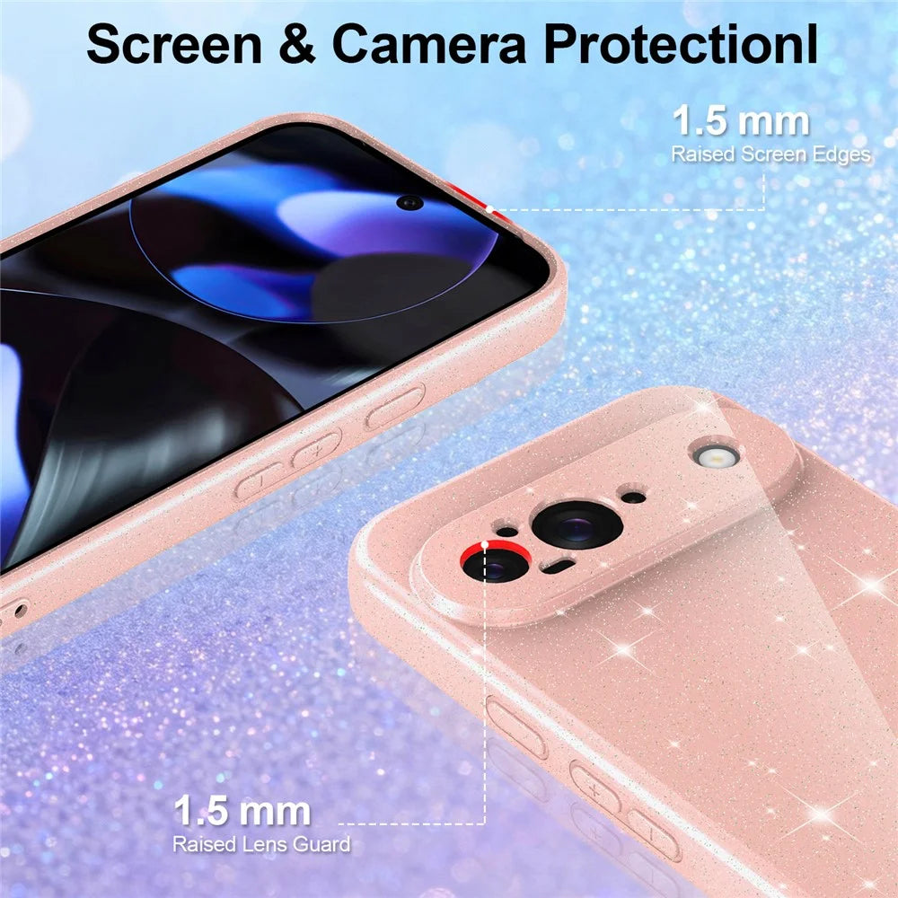 For Google Pixel 9 Magnetic Case Glitter TPU Shockproof Phone Cover with Lanyard - Pink - 3