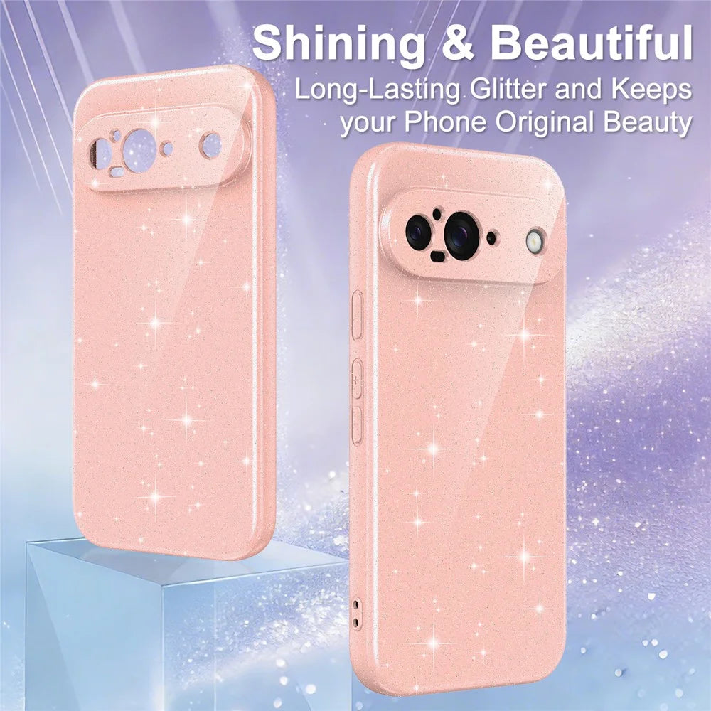 For Google Pixel 9 Magnetic Case Glitter TPU Shockproof Phone Cover with Lanyard - Pink - 5