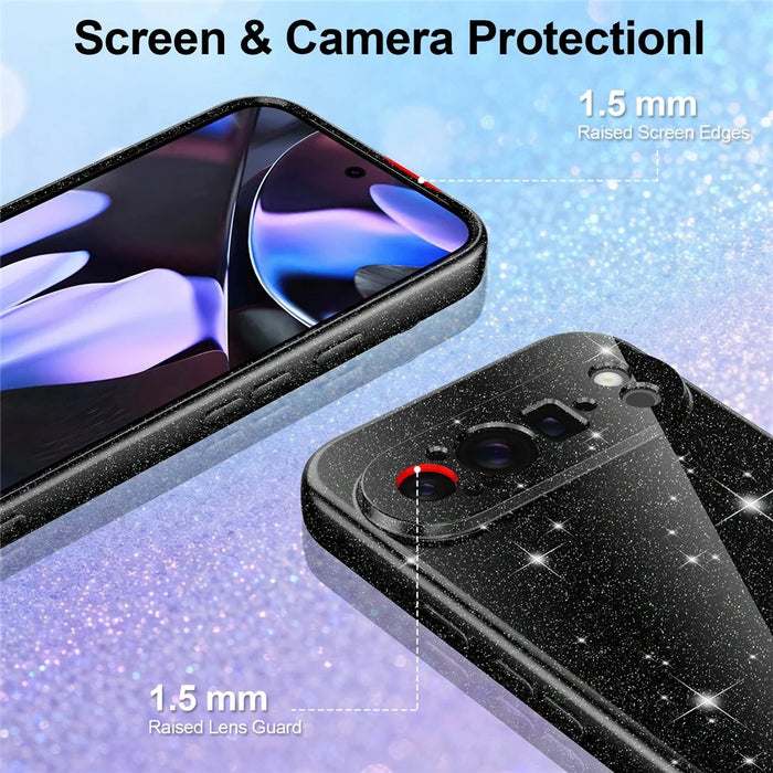 For Google Pixel 9 Pro Magnetic Case Glitter TPU Shockproof Phone Cover with Lanyard - Black - 3