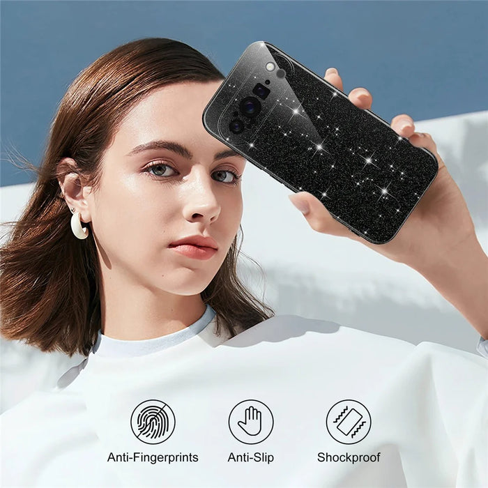 For Google Pixel 9 Pro Magnetic Case Glitter TPU Shockproof Phone Cover with Lanyard - Black - 7