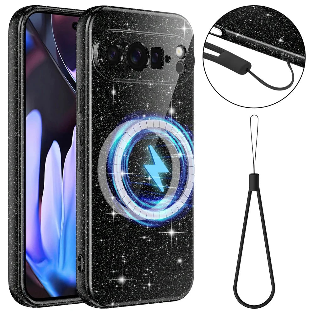 For Google Pixel 9 Pro XL Magnetic Case Glitter TPU Shockproof Phone Cover with Lanyard - Black - 1
