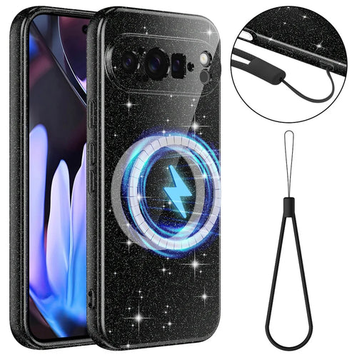 For Google Pixel 9 Pro XL Magnetic Case Glitter TPU Shockproof Phone Cover with Lanyard - Black - 1