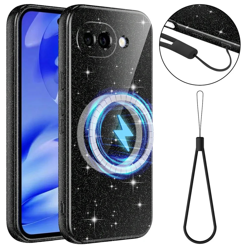 For Google Pixel 10a Magnetic Case Glitter TPU Shockproof Phone Cover with Lanyard - Black - 1