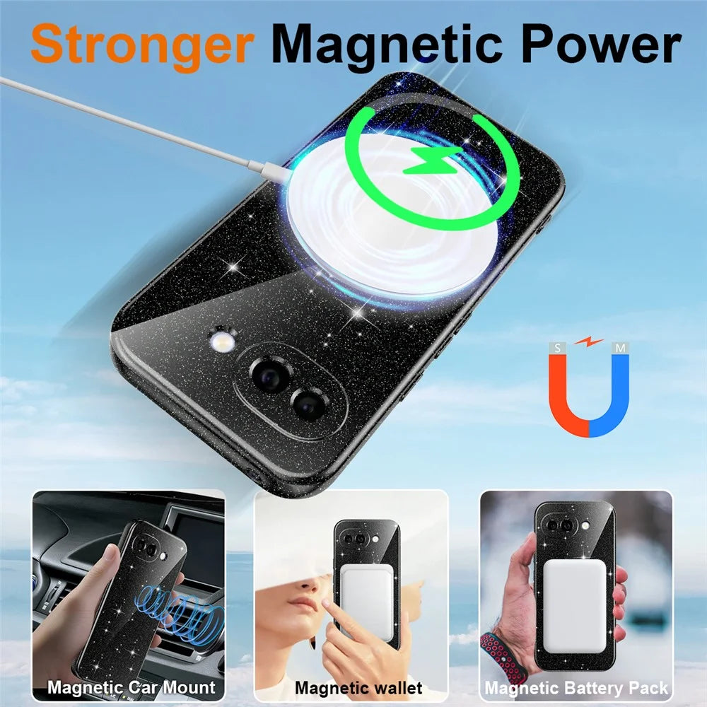 For Google Pixel 10a Magnetic Case Glitter TPU Shockproof Phone Cover with Lanyard - Black - 2