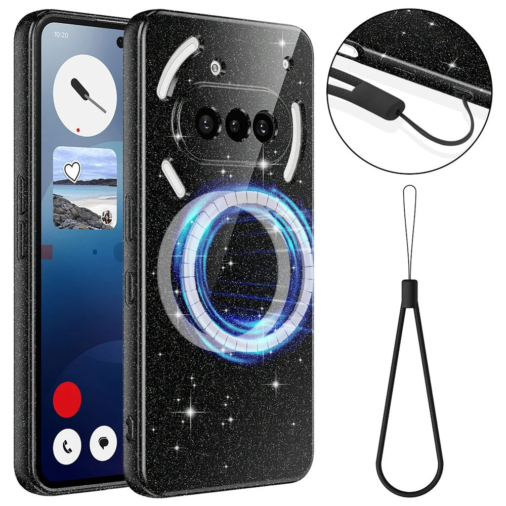 For Nothing Phone (3a) Magnetic Case Glitter TPU Shockproof Phone Cover with Lanyard - Black - 1