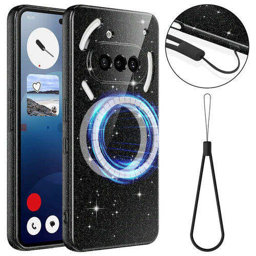 For Nothing Phone (3a) Magnetic Case Glitter TPU Shockproof Phone Cover with Lanyard - Black - 1