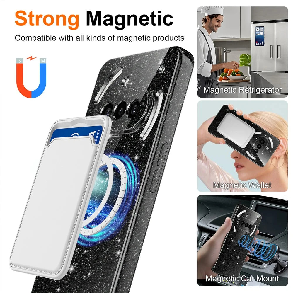 For Nothing Phone (3a) Magnetic Case Glitter TPU Shockproof Phone Cover with Lanyard - Black - 2