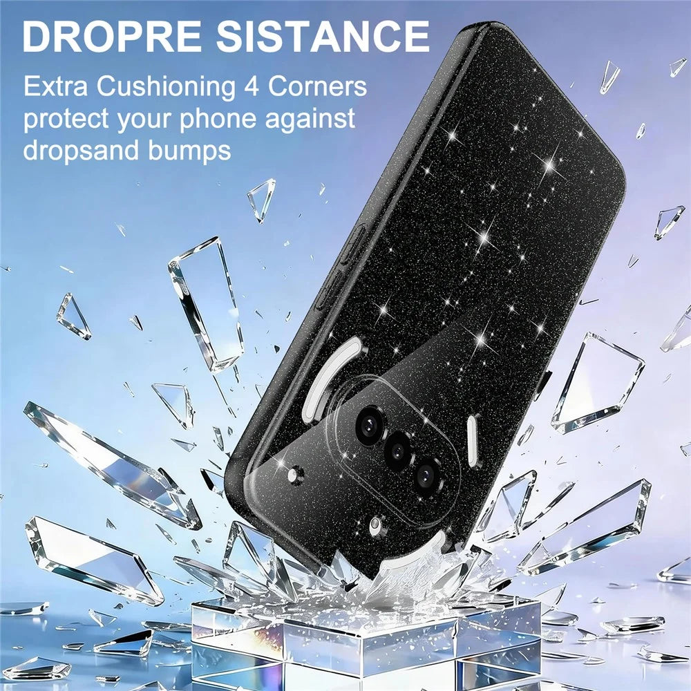 For Nothing Phone (3a) Magnetic Case Glitter TPU Shockproof Phone Cover with Lanyard - Black - 6