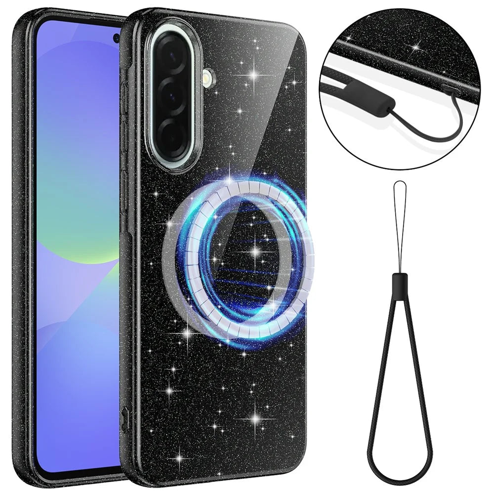 Magnetic Case For Samsung Galaxy A56 5G  /  A37 5G  /  A36 5G Glitter TPU Shockproof Phone Cover with Lanyard - Black - 1