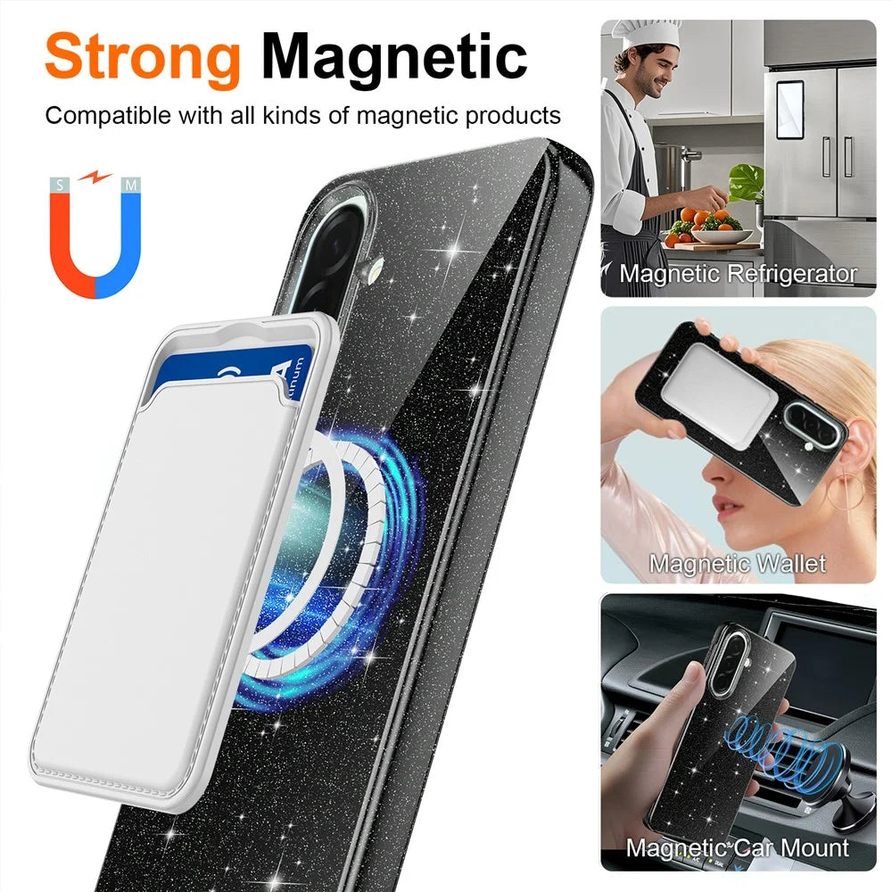 Magnetic Case For Samsung Galaxy A56 5G  /  A37 5G  /  A36 5G Glitter TPU Shockproof Phone Cover with Lanyard - Black - 2