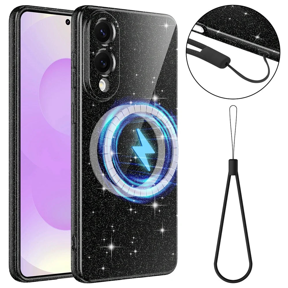 For Samsung Galaxy S25 Edge Magnetic Case Glitter TPU Shockproof Phone Cover with Lanyard - Black - 1
