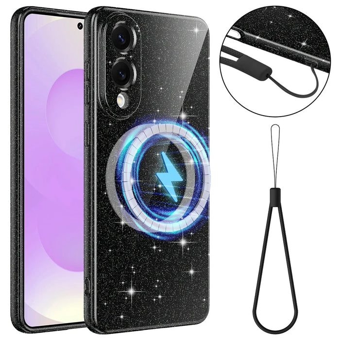 For Samsung Galaxy S25 Edge Magnetic Case Glitter TPU Shockproof Phone Cover with Lanyard - Black - 1