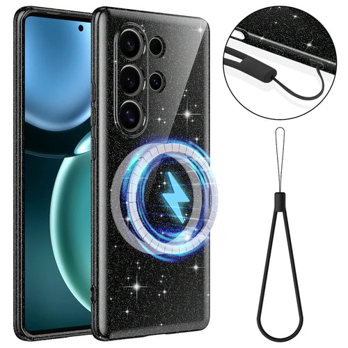 For Samsung Galaxy S25 Ultra Magnetic Case Glitter TPU Shockproof Phone Cover with Lanyard - Black - 1