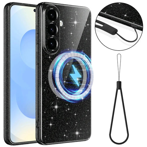 For Samsung Galaxy S26+ Magnetic Case Glitter TPU Shockproof Phone Cover with Lanyard - Black - 1