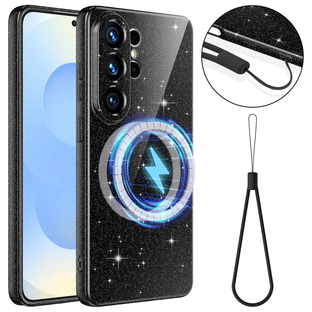 For Samsung Galaxy S26 Ultra Magnetic Case Glitter TPU Shockproof Phone Cover with Lanyard - Black - 1