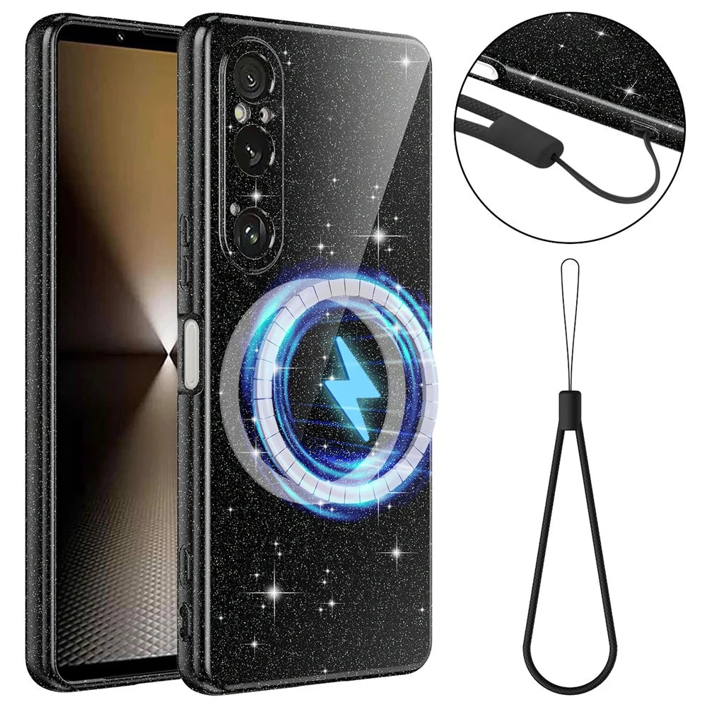 For Sony Xperia 1 VI Magnetic Case Glitter TPU Shockproof Phone Cover with Lanyard - Black - 1