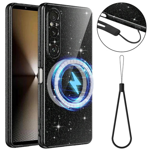 For Sony Xperia 1 VI Magnetic Case Glitter TPU Shockproof Phone Cover with Lanyard - Black - 1