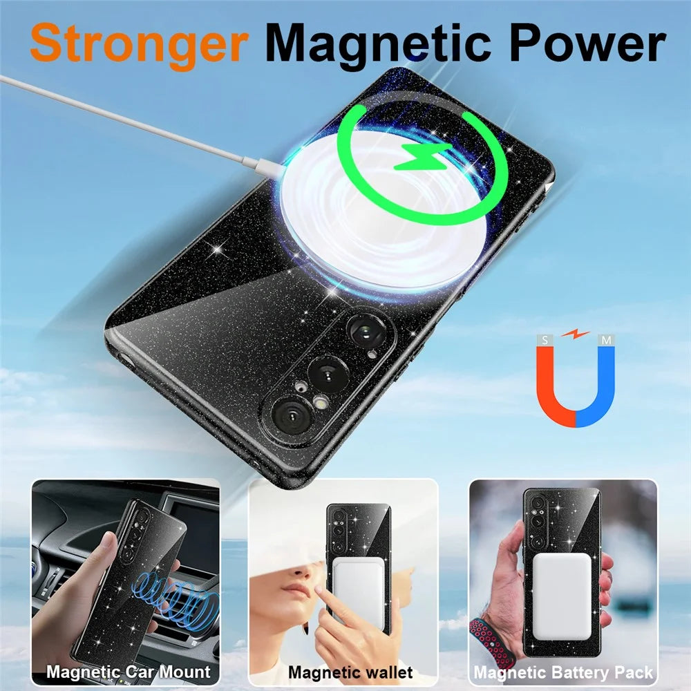 For Sony Xperia 1 VI Magnetic Case Glitter TPU Shockproof Phone Cover with Lanyard - Black - 2