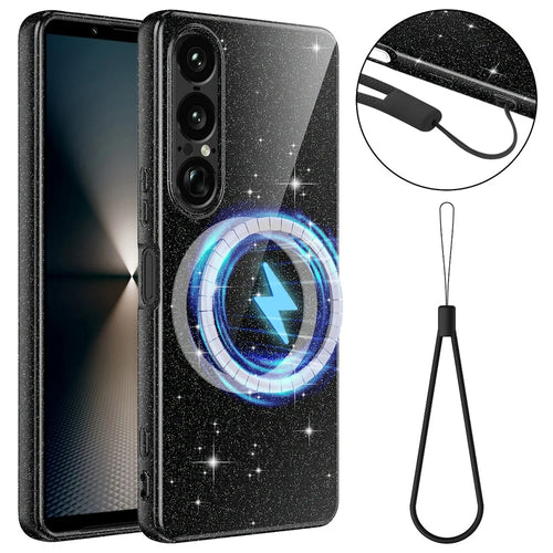 For Sony Xperia 1 VII Magnetic Case Glitter TPU Shockproof Phone Cover with Lanyard - Black - 1