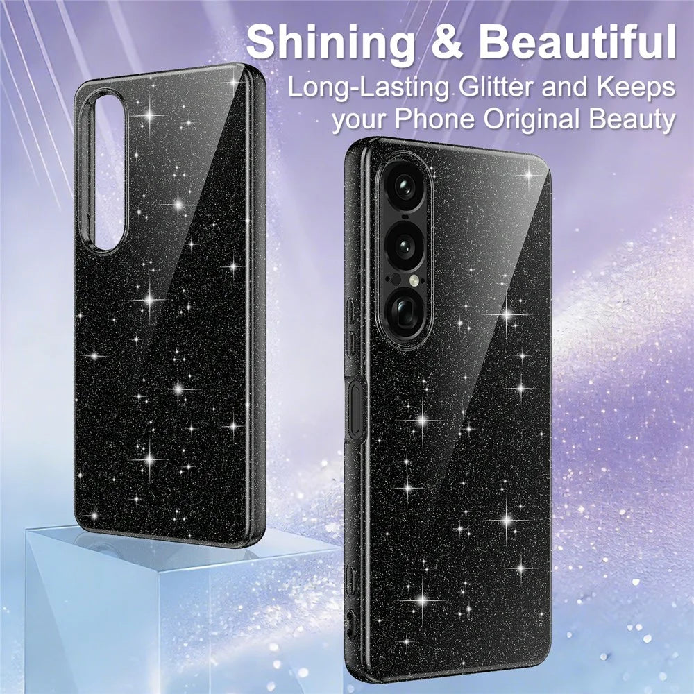 For Sony Xperia 1 VII Magnetic Case Glitter TPU Shockproof Phone Cover with Lanyard - Black - 5